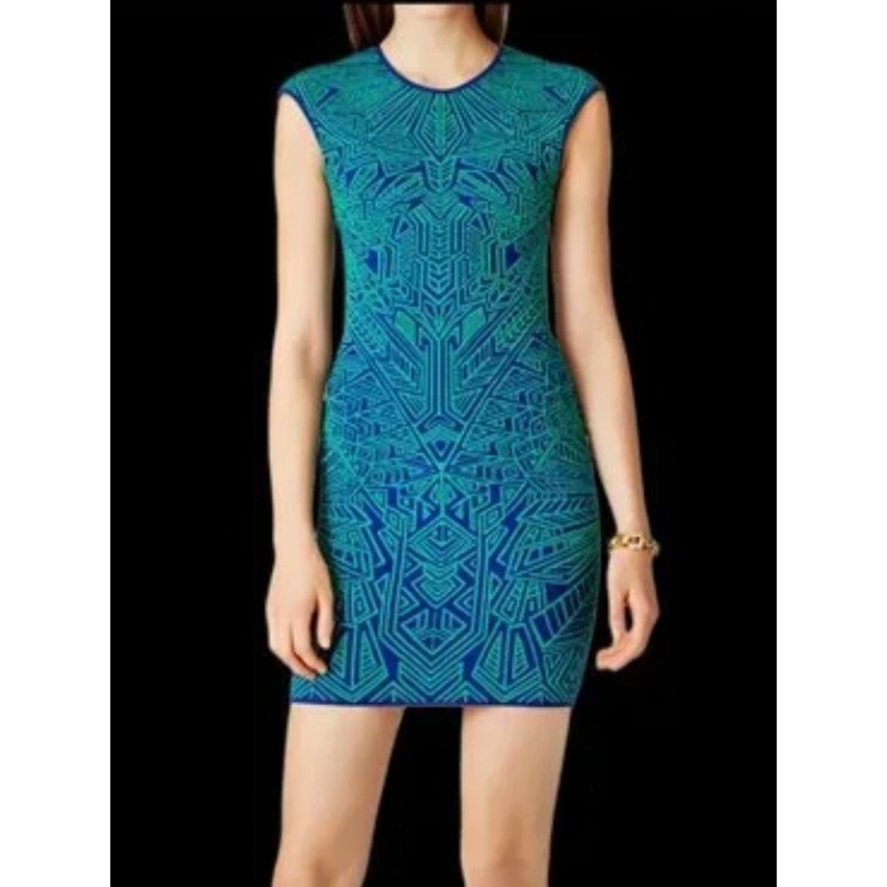 RVN Dress Womens Medium Green Blue Highlighter Sheath Geometric Knit Mini‎